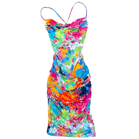 NWT Susana Monaco Rainbow Paint Splatter Cowl Mini Ruched Dress Small